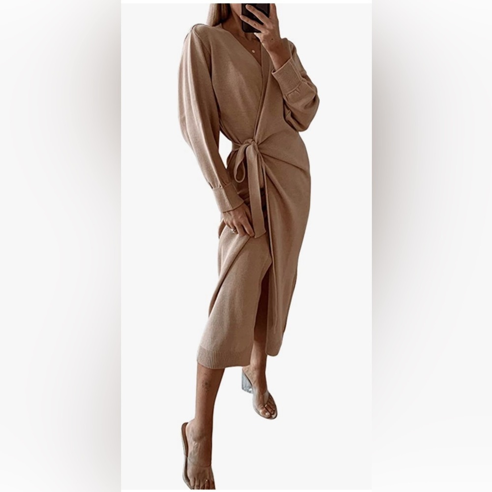 EXLURA Womens Knit Sweater Dress Casual Solid Long Sleeve Wrap Maxi Dresses with
